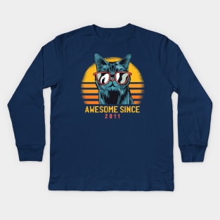 Retro Cool Cat Awesome Since 2011 // Awesome Cattitude Cat Lover Kids Long Sleeve T-Shirt